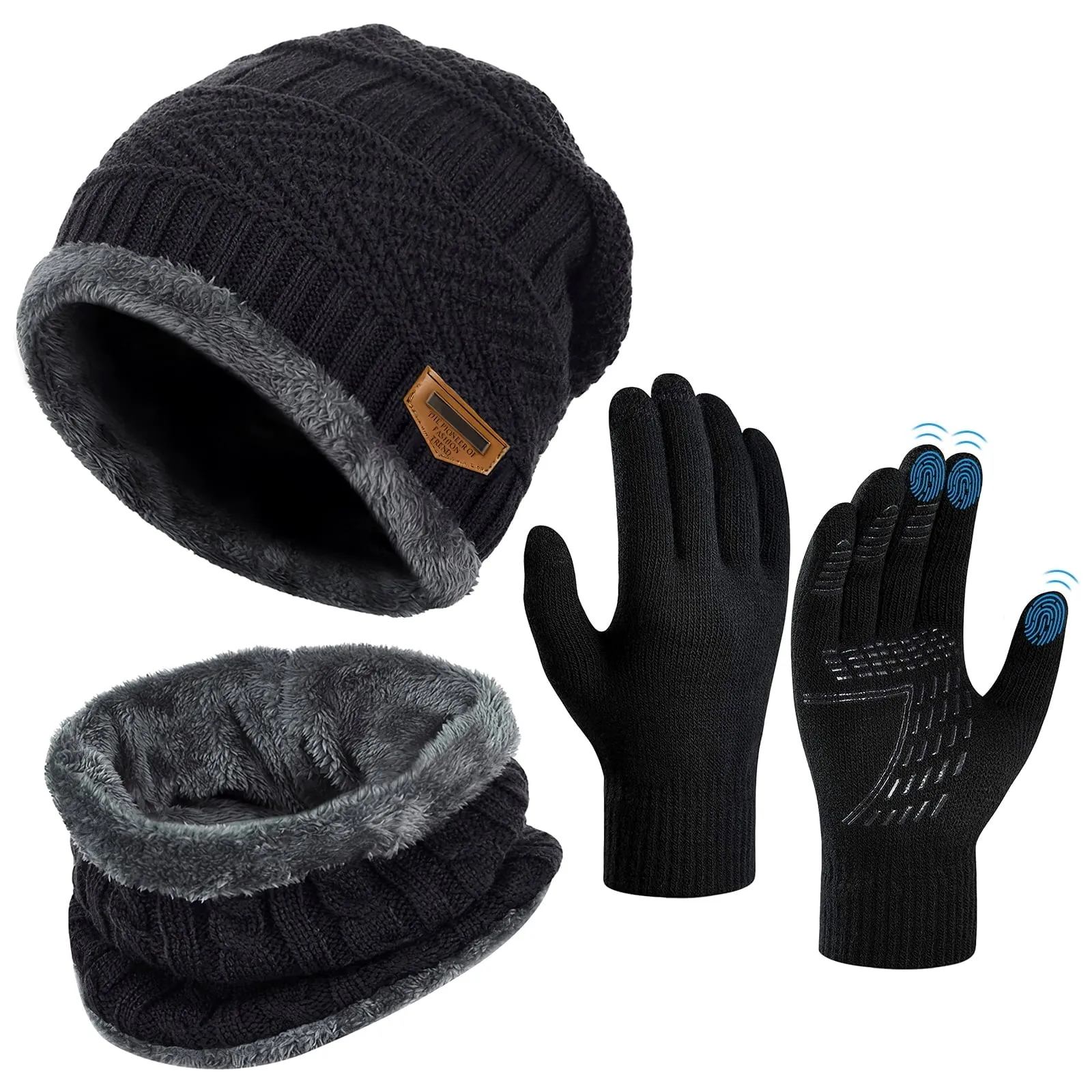 3 PCS Winter Beanie Hat Scarf Set with Gloves Touch Screen Cold Weather Knit Wool Neck Warmer Skull Cap Khaki