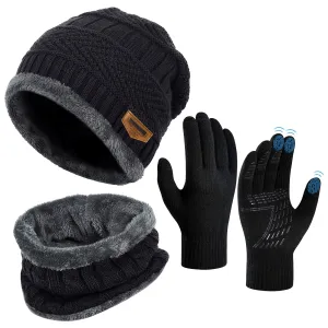 3 PCS Winter Beanie Hat Scarf Set with Gloves Touch Screen Cold Weather Knit Wool Neck Warmer Skull Cap Khaki