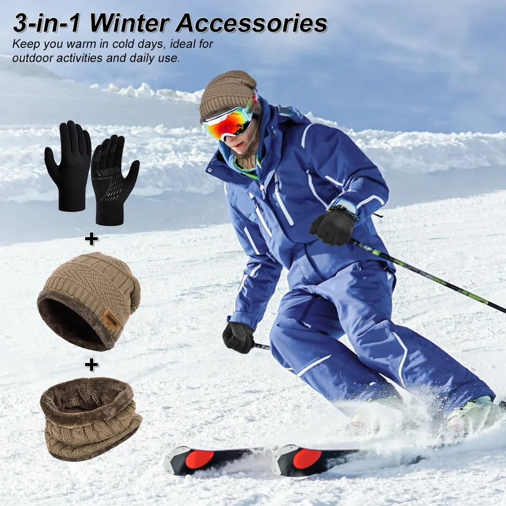 3 PCS Winter Beanie Hat Scarf Set with Gloves Touch Screen Cold Weather Knit Wool Neck Warmer Skull Cap Khaki