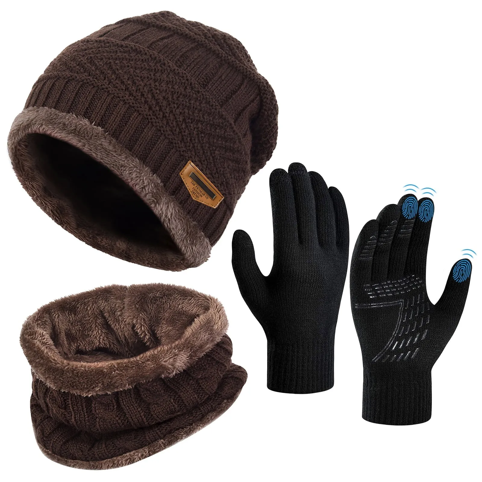 3 PCS Winter Beanie Hat Scarf Set with Gloves Touch Screen Cold Weather Knit Wool Neck Warmer Skull Cap Khaki