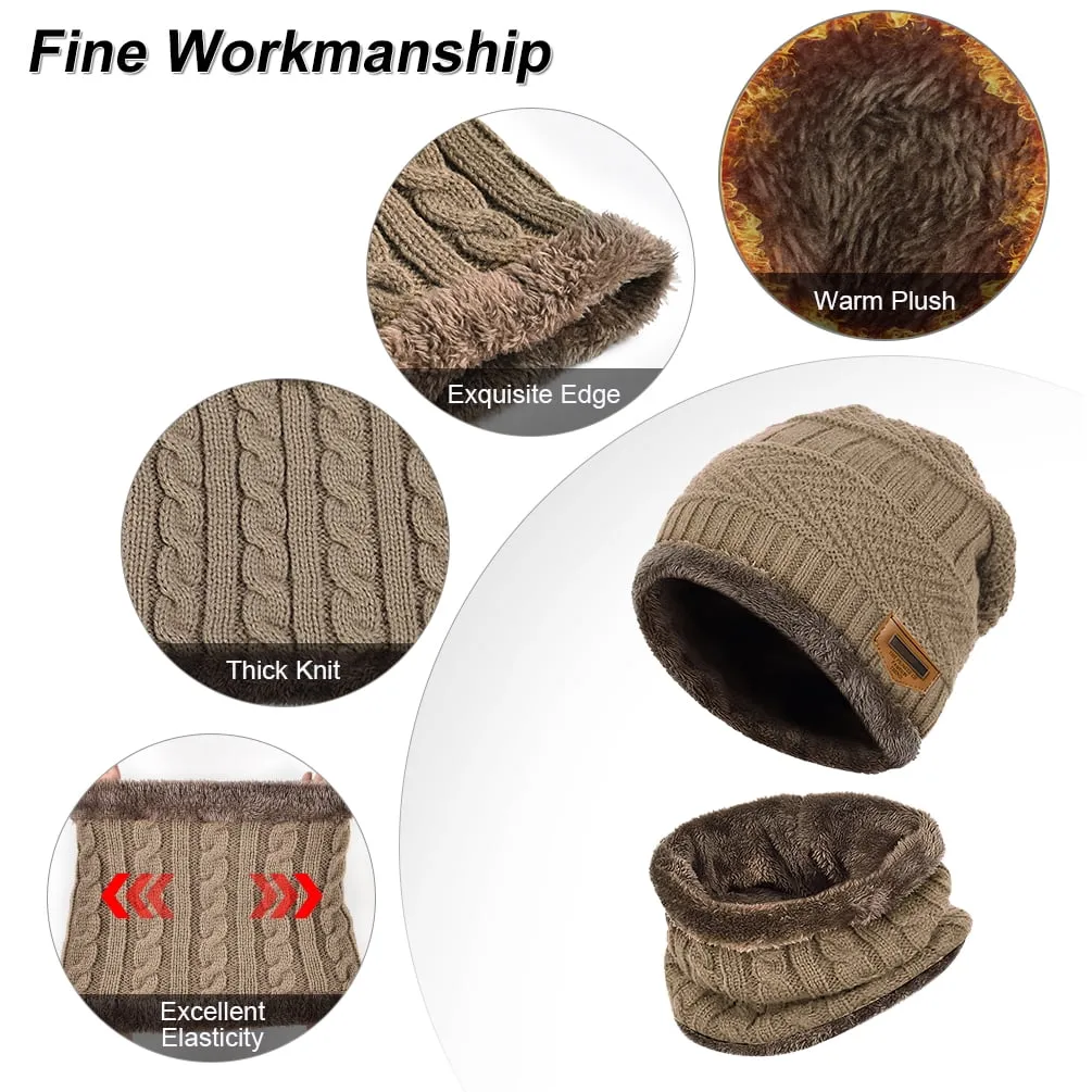 3 PCS Winter Beanie Hat Scarf Set with Gloves Touch Screen Cold Weather Knit Wool Neck Warmer Skull Cap Khaki