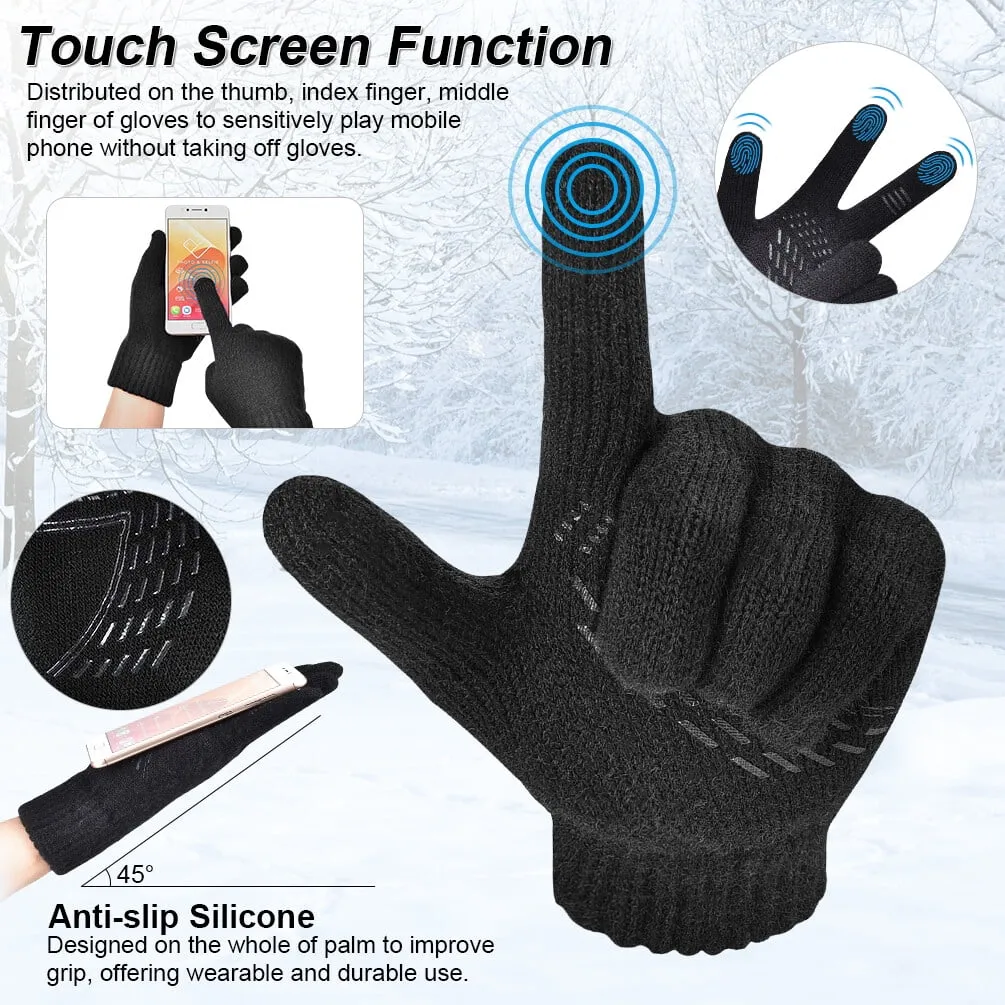 3 PCS Winter Beanie Hat Scarf Set with Gloves Touch Screen Cold Weather Knit Wool Neck Warmer Skull Cap Khaki