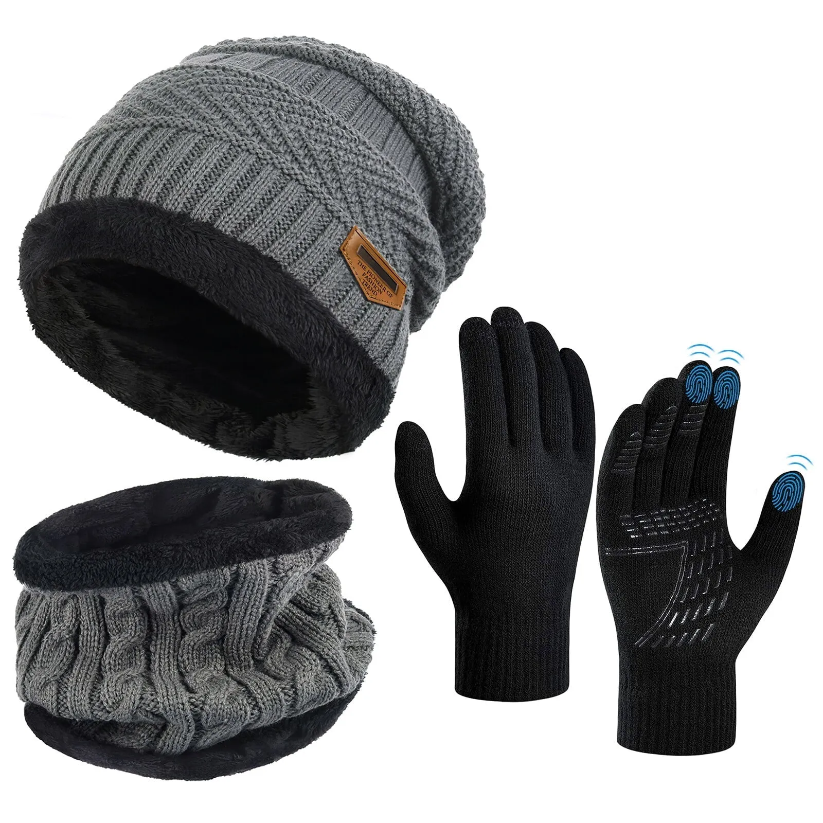 3 PCS Winter Beanie Hat Scarf Set with Gloves Touch Screen Cold Weather Knit Wool Neck Warmer Skull Cap Khaki