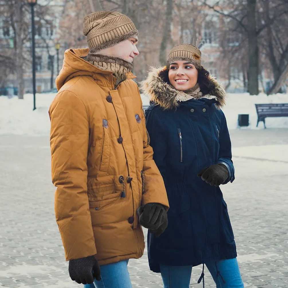 3 PCS Winter Beanie Hat Scarf Set with Gloves Touch Screen Cold Weather Knit Wool Neck Warmer Skull Cap Khaki