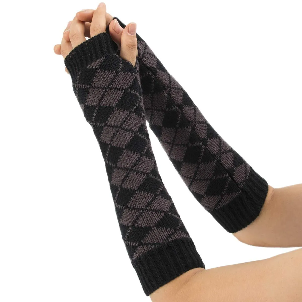 Amorar Winter Knit Fingerless Gloves Multicolor Diamond Shape Long Arm Warmer Winter Crochet Gloves with Thumb Hole Grey