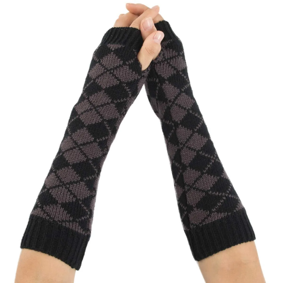 Amorar Winter Knit Fingerless Gloves Multicolor Diamond Shape Long Arm Warmer Winter Crochet Gloves with Thumb Hole Grey