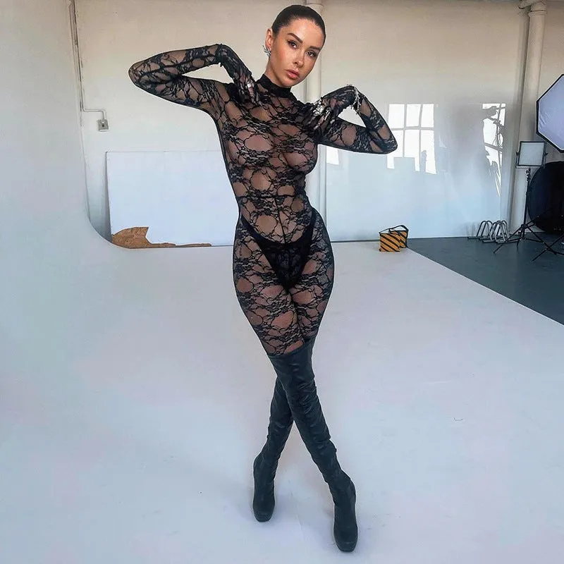 Floral See Through Bodycon Jumpsuit