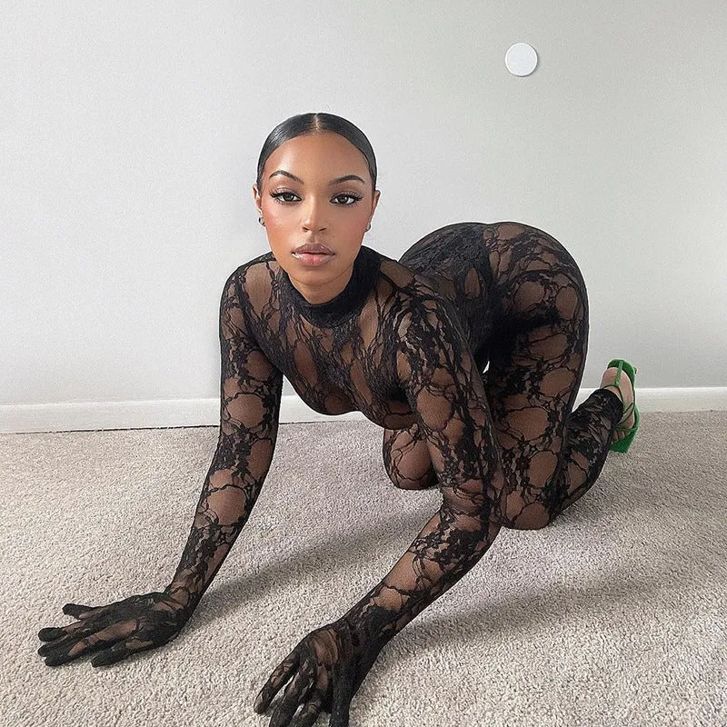 Floral See Through Bodycon Jumpsuit