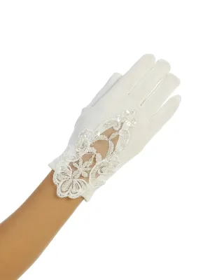 Girls Ivory Lace Embellished Matte Satin Special Occasion Gloves 0-14