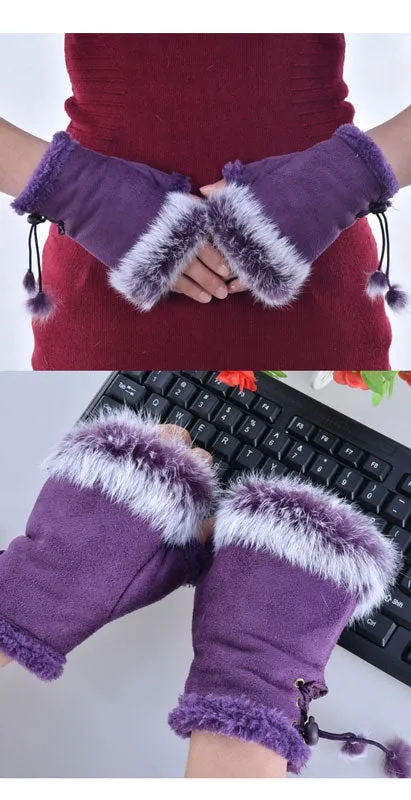 Girls Leather Fur Half Mitten Gloves Wholesale