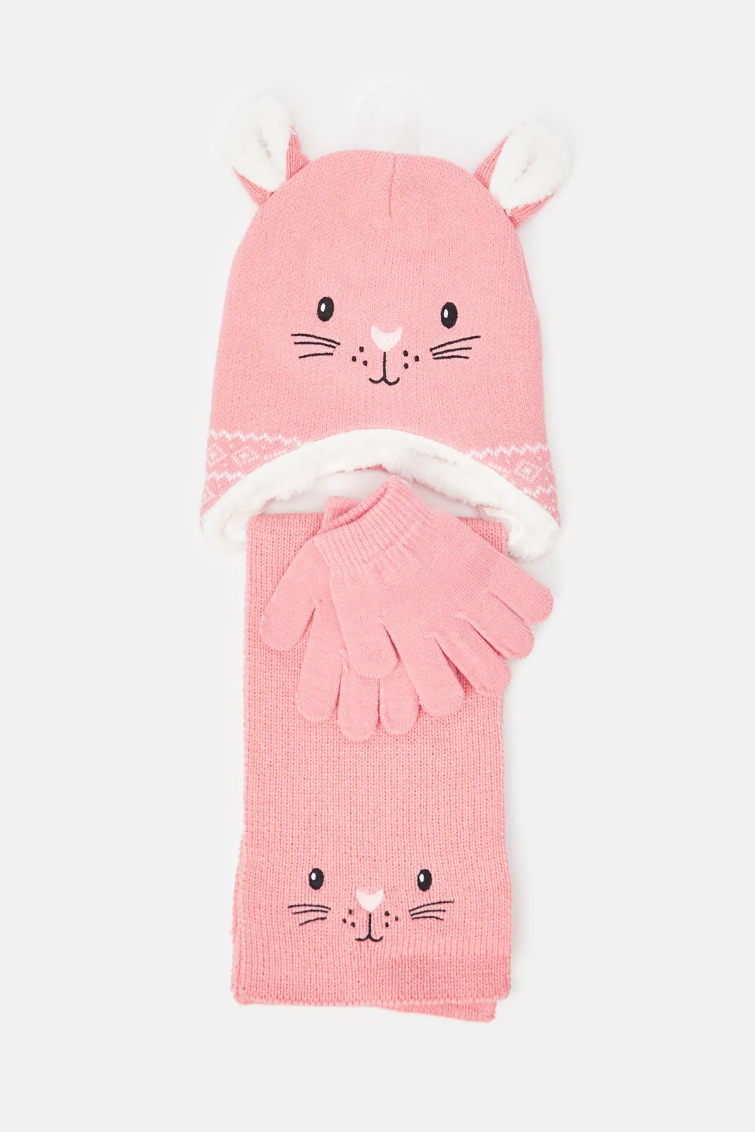 Girls Pink Embellished Scarf Set (3 Piece)