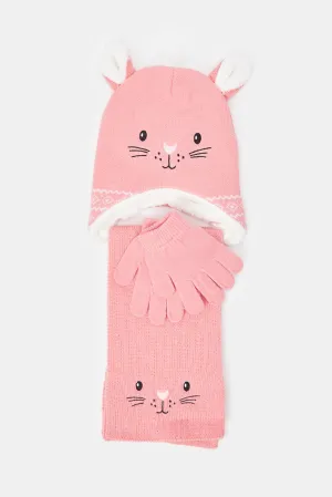 Girls Pink Embellished Scarf Set (3 Piece)