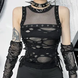 Grunge Mesh Lace Up Tank Top