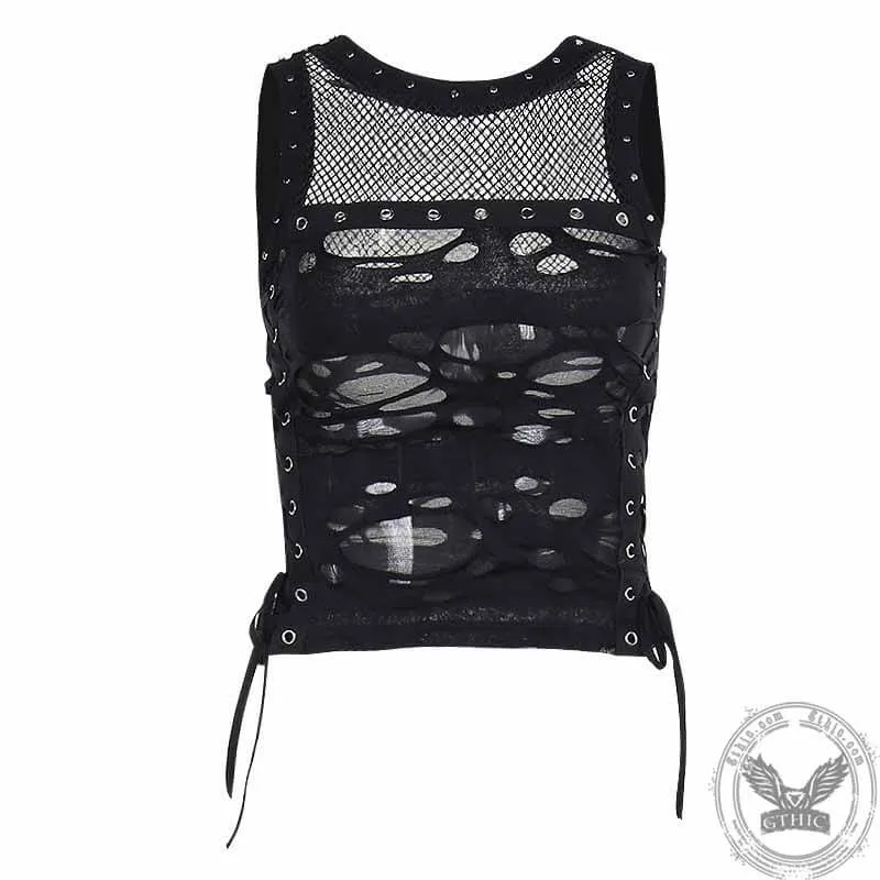 Grunge Mesh Lace Up Tank Top