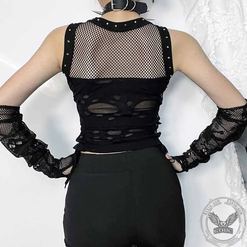 Grunge Mesh Lace Up Tank Top