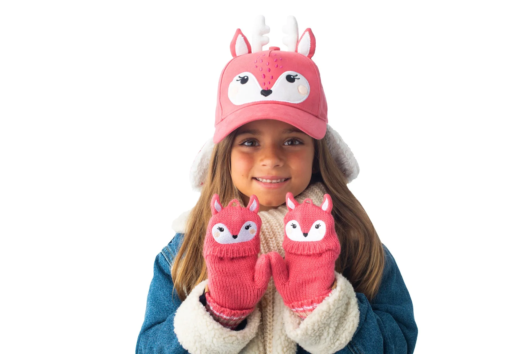 Kids Knitted Fingerless Gloves with Mitten Flaps - Deer