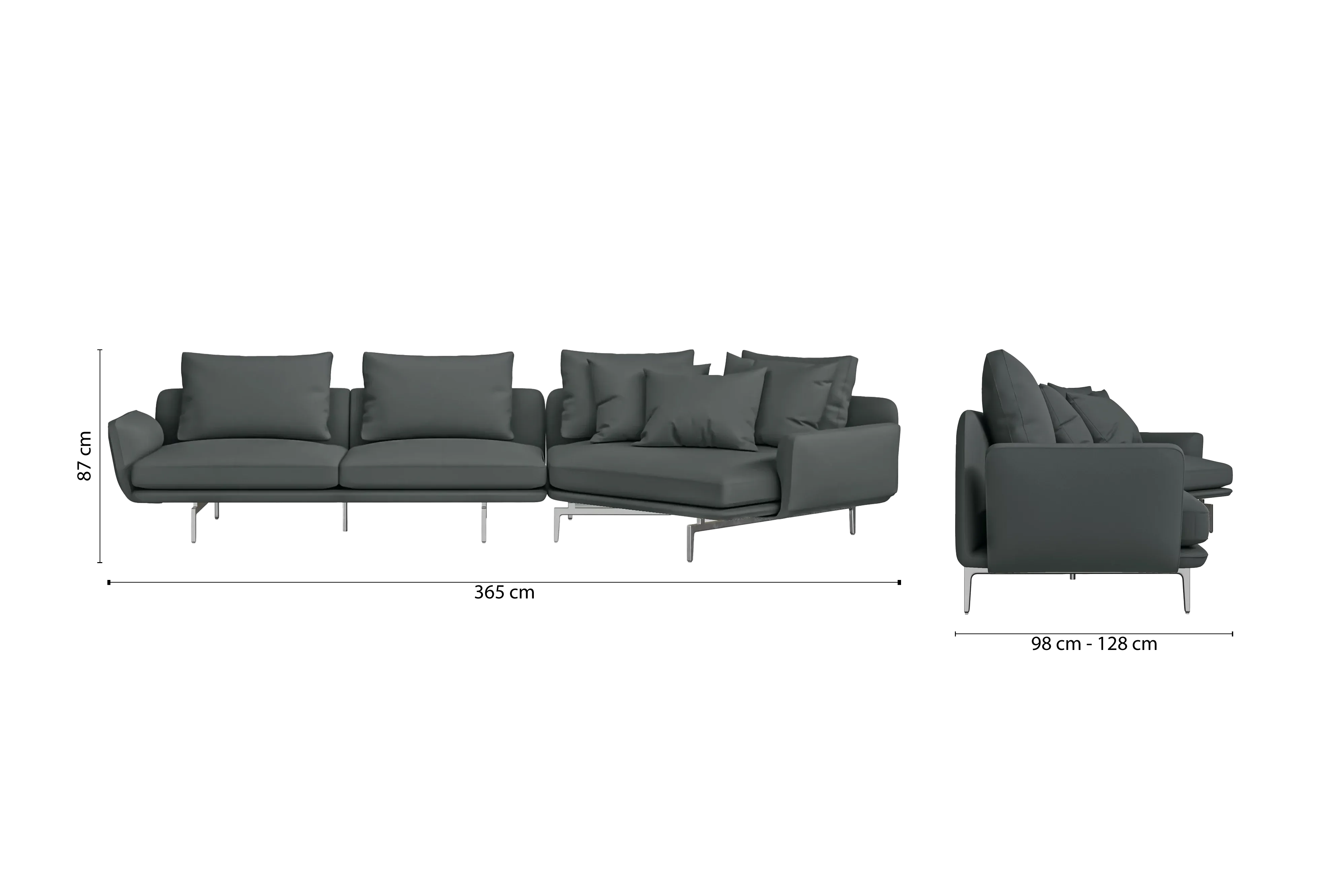 Legnano 4 Seater Right Hand Facing Chaise Lounge Corner Sofa Slate Leather