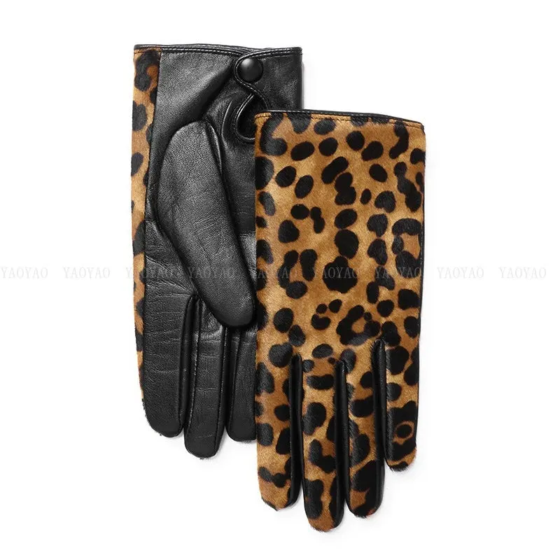 Leopard Print Genuine Leather Warm Gloves