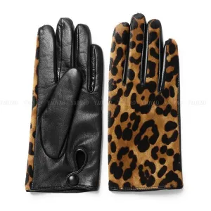 Leopard Print Genuine Leather Warm Gloves