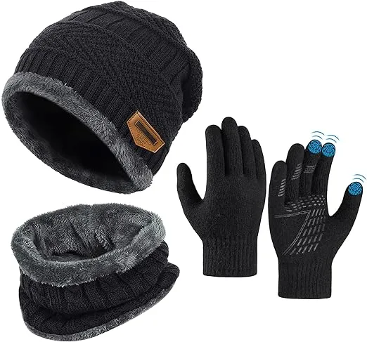 OOPOR Kids Winter Hat Scarf Gloves Set - Warm Thermal Knitted Beanie Cap Snood Neck Warmer Touchscreen Anti-slip Mitten Outdoor Sports Soft Fleece Lining Elastic for Children Boys Girls Aged 5-10