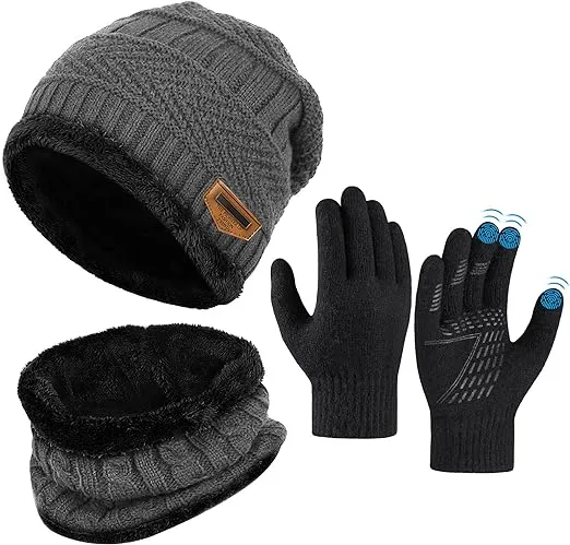 OOPOR Kids Winter Hat Scarf Gloves Set - Warm Thermal Knitted Beanie Cap Snood Neck Warmer Touchscreen Anti-slip Mitten Outdoor Sports Soft Fleece Lining Elastic for Children Boys Girls Aged 5-10