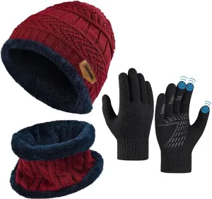 OOPOR Kids Winter Hat Scarf Gloves Set - Warm Thermal Knitted Beanie Cap Snood Neck Warmer Touchscreen Anti-slip Mitten Outdoor Sports Soft Fleece Lining Elastic for Children Boys Girls Aged 5-10
