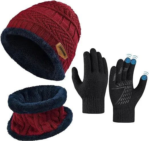OOPOR Kids Winter Hat Scarf Gloves Set - Warm Thermal Knitted Beanie Cap Snood Neck Warmer Touchscreen Anti-slip Mitten Outdoor Sports Soft Fleece Lining Elastic for Children Boys Girls Aged 5-10