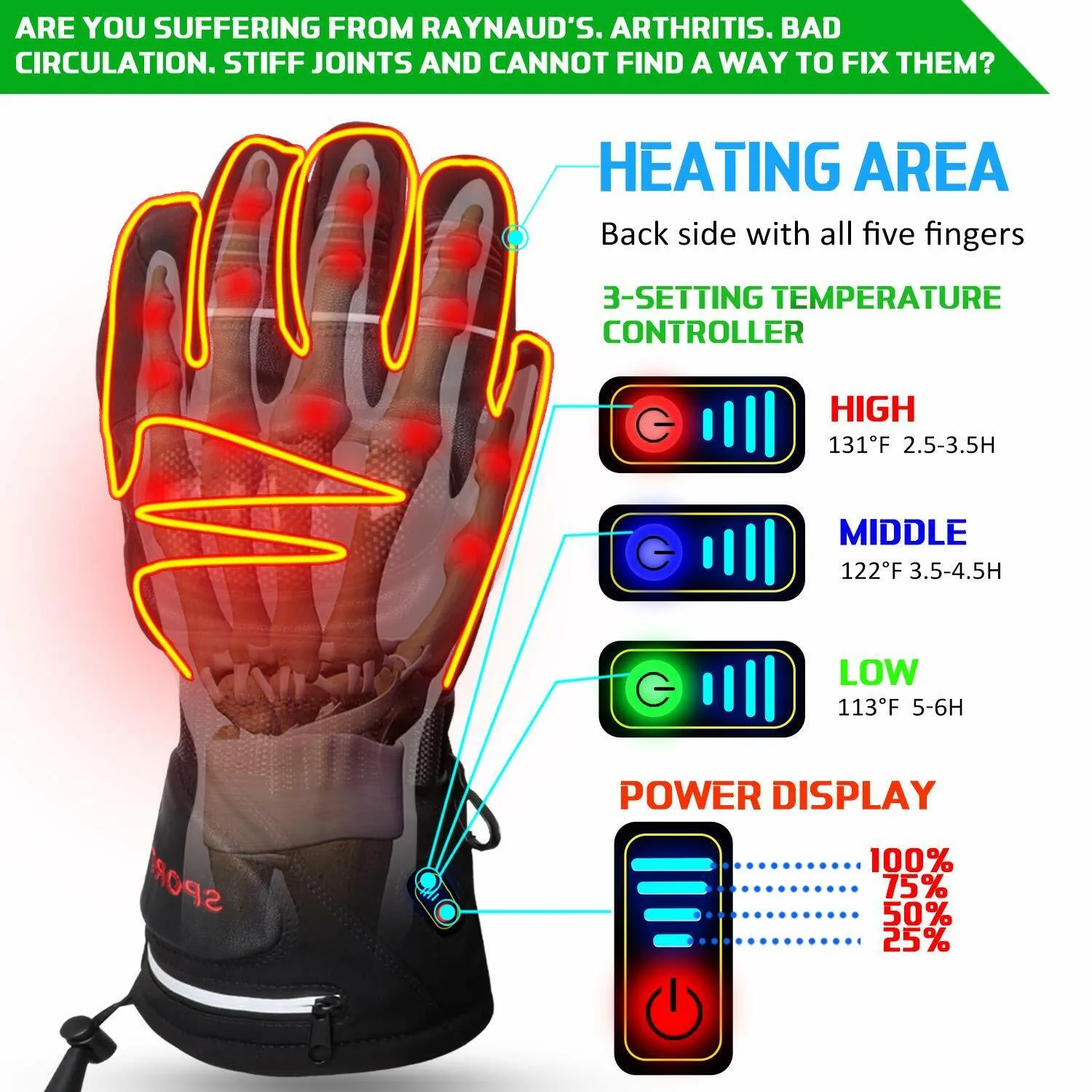 Rechargeable Heated Leather Gloves with Knuckle Protection Motorcycle Ski Riding