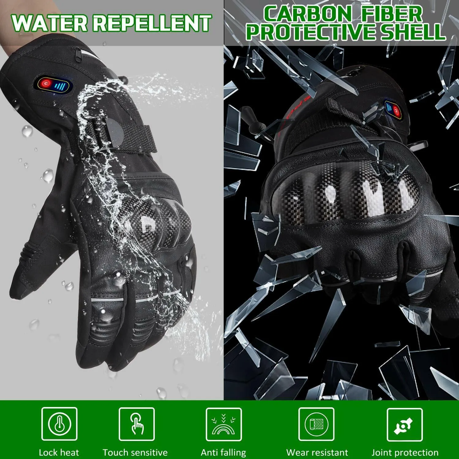 Rechargeable Heated Leather Gloves with Knuckle Protection Motorcycle Ski Riding