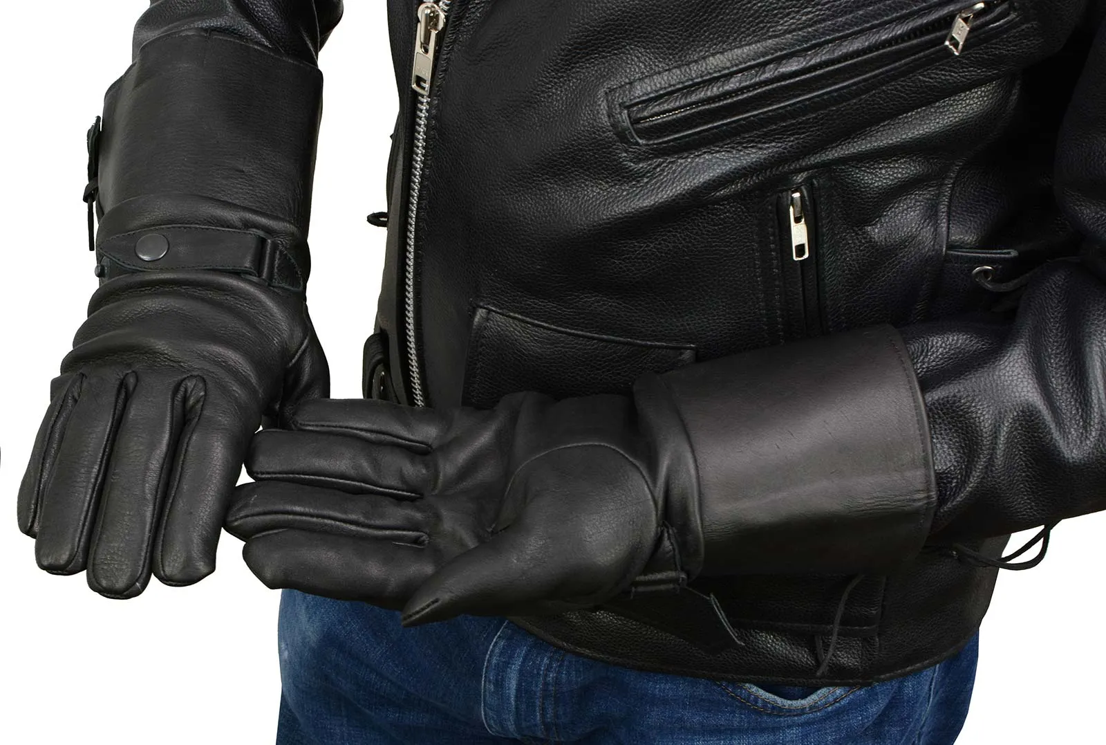 SH857 Men's Gauntlet Motorcycle Hand Gloves- Deerskin Long Cuff with Snap Closure Thermal Lined-SH857